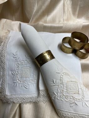 Vintage White Embroidered Linen Napkins with Solid Brass Napkin Rings